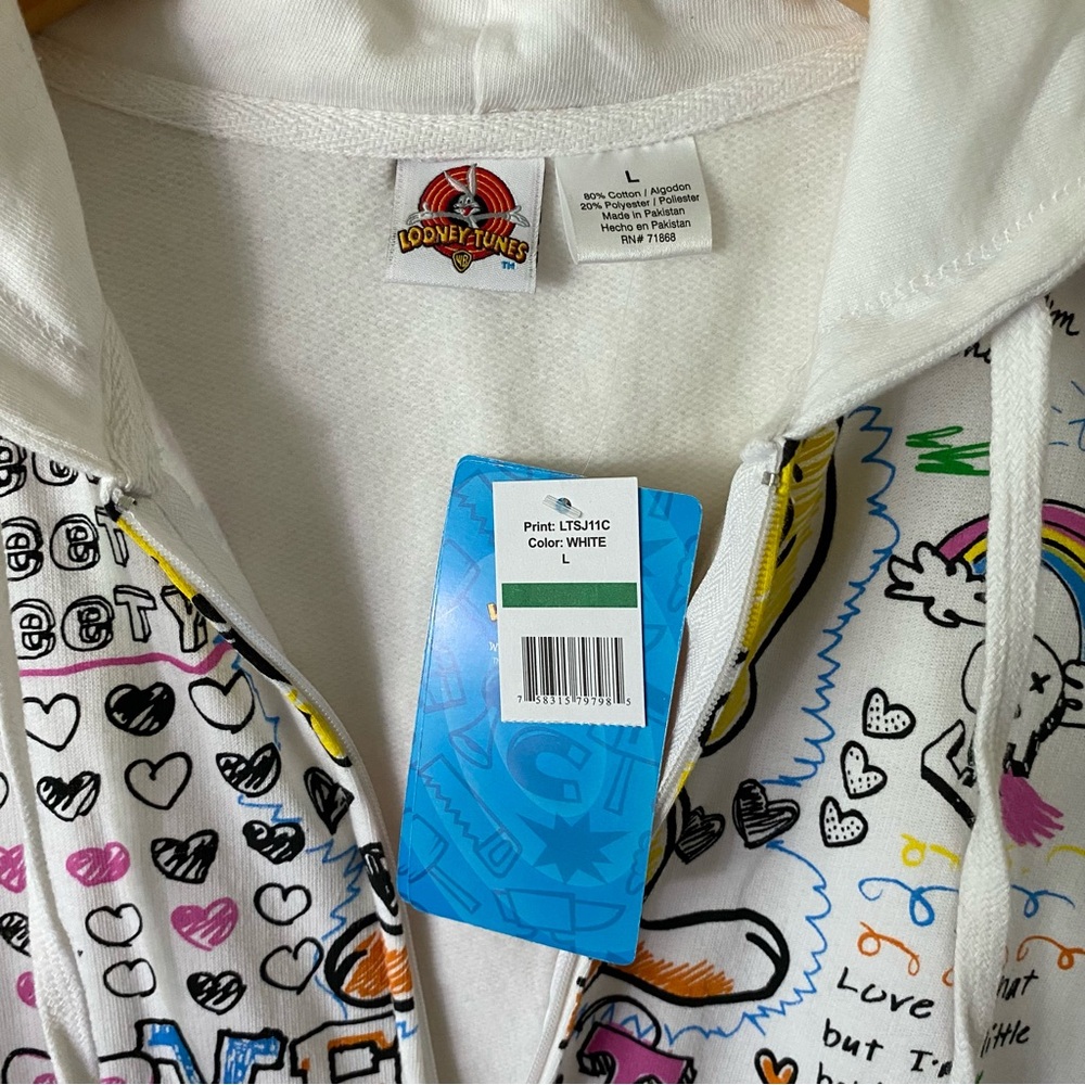Vtg Looney Tunes Tweety Bird Y2K 90s Graffiti Retro Multicolor Zip Up Hoodie L - Picture 3 of 9